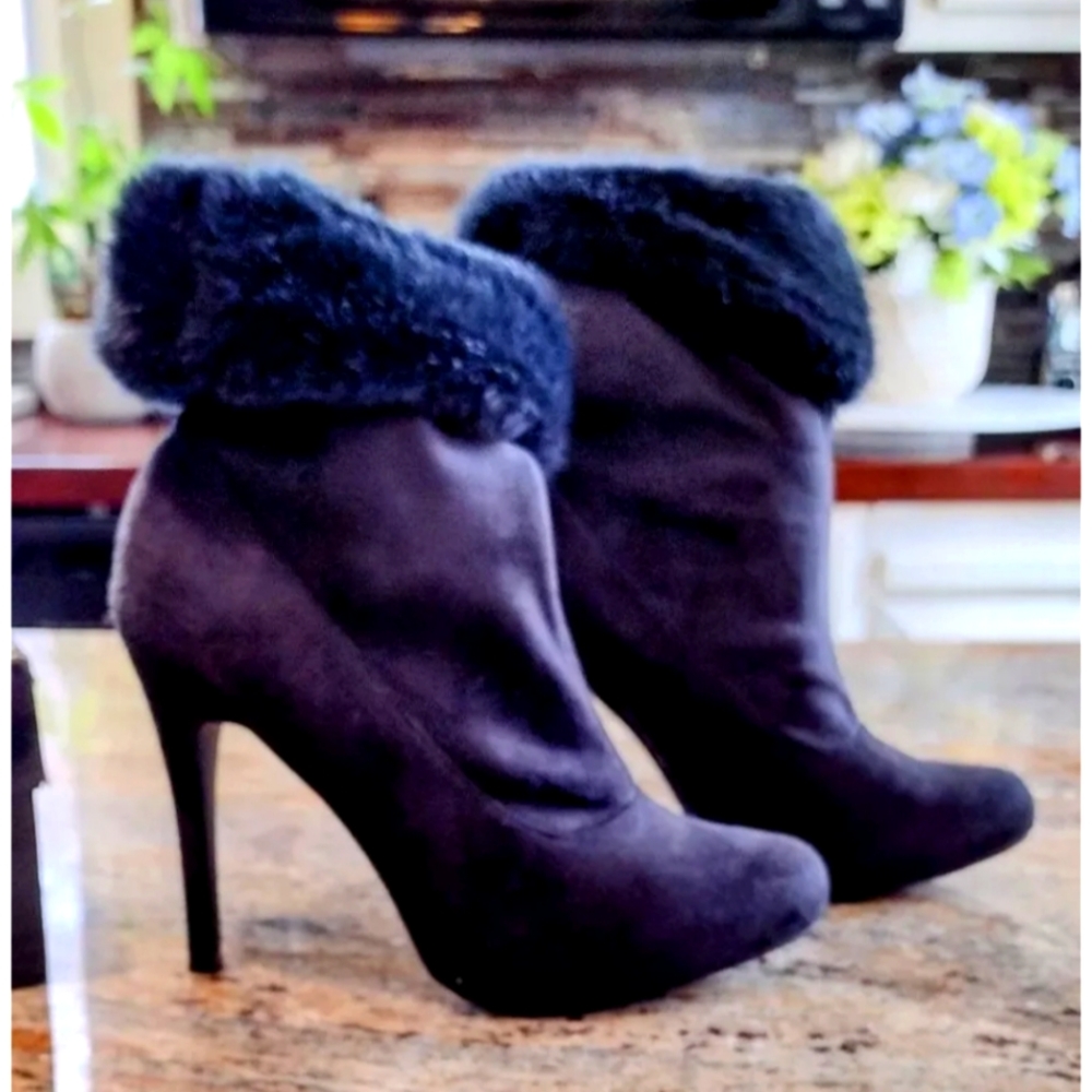 Kardashian Black Suede Faux Fur Heel Booties New in Box 6